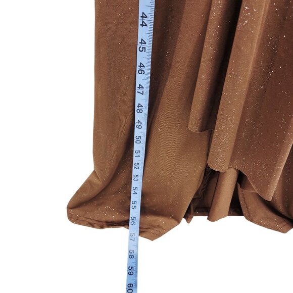 Brown Long-Sleeve Ruched Knot Front Maxi Dress Glitter Accents Deep V Neck SZ M - Picture 8 of 10